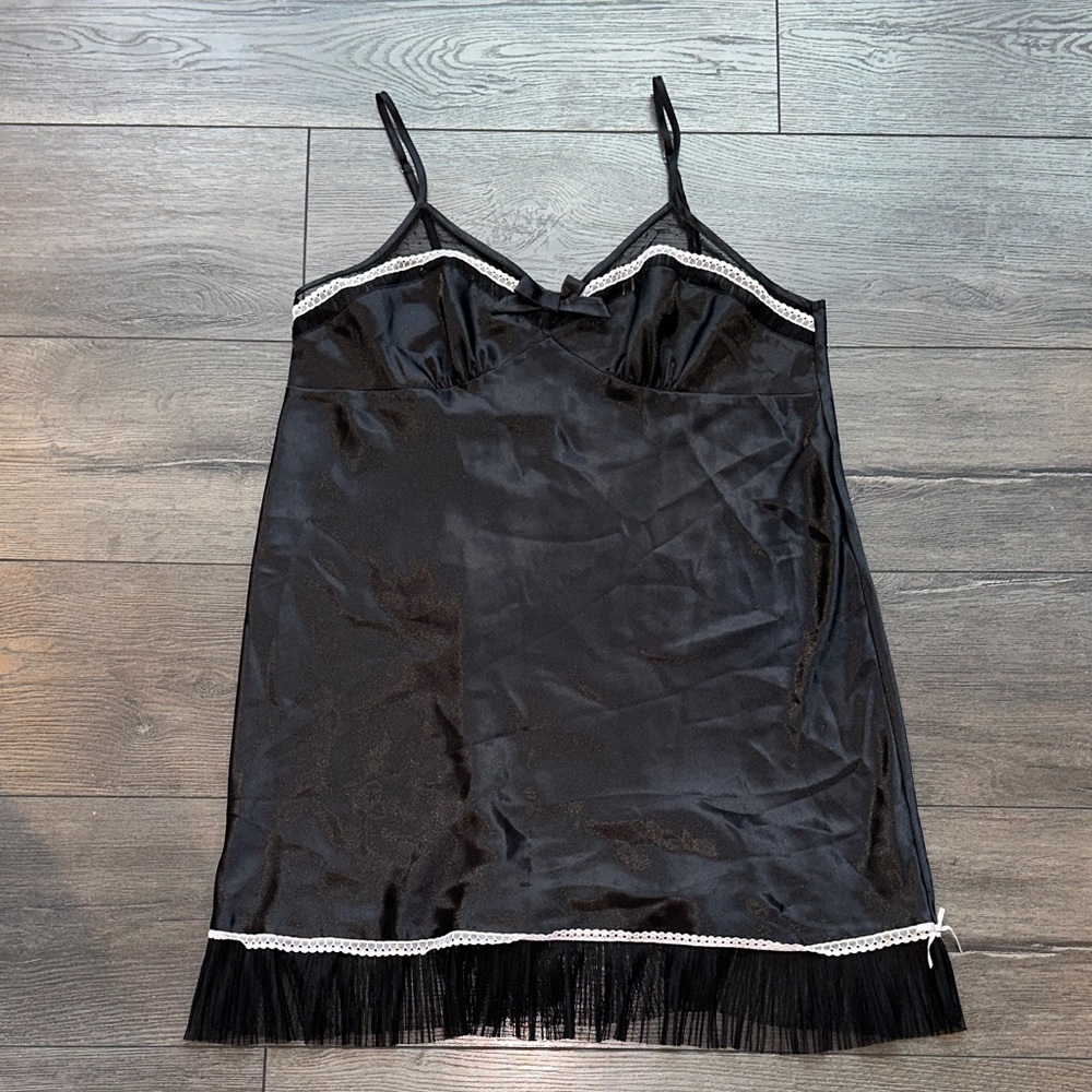 Morgan Taylor Black Satin Chemise with Lace and Fringe